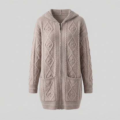 Women's hoodie long cardigan made of soft wool blend with cable pattern, zipper and insert pockets Shop Velvia