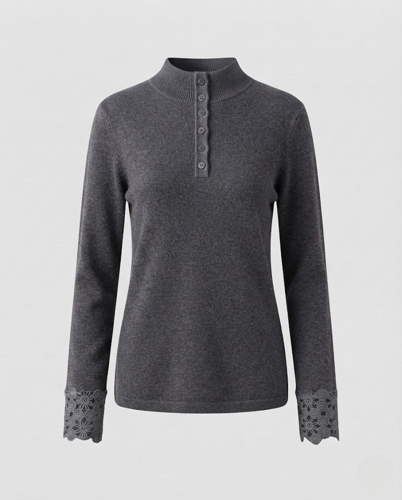 Women Fine Stand Collar Sweater with Decorative Button Placket and Lace Cuffs Shop Velvia