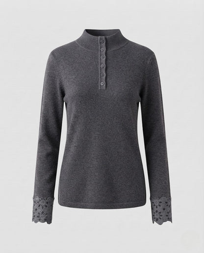Women Fine Stand Collar Sweater with Decorative Button Placket and Lace Cuffs Shop Velvia
