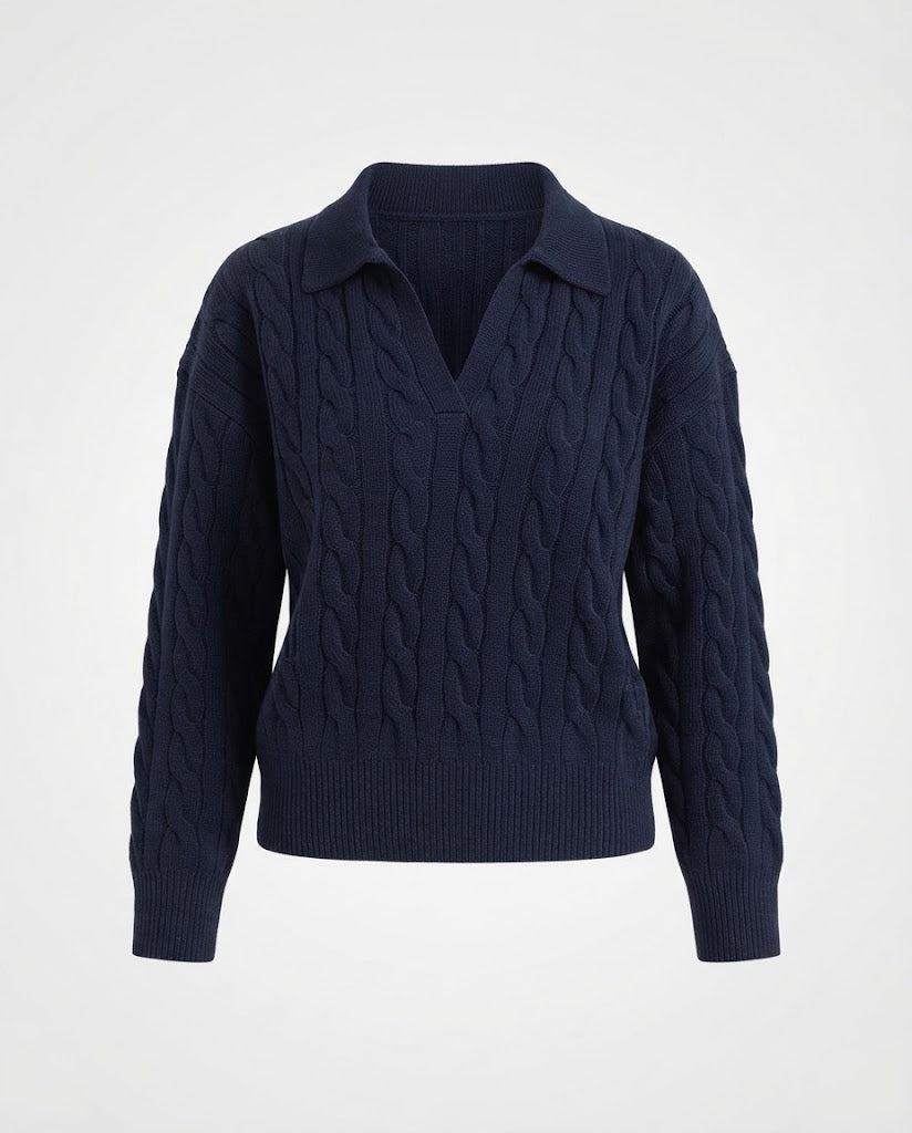 Women Chunky Knit Cable Pattern Sweater with Polo Collar and Deep V-Neck Shop Velvia