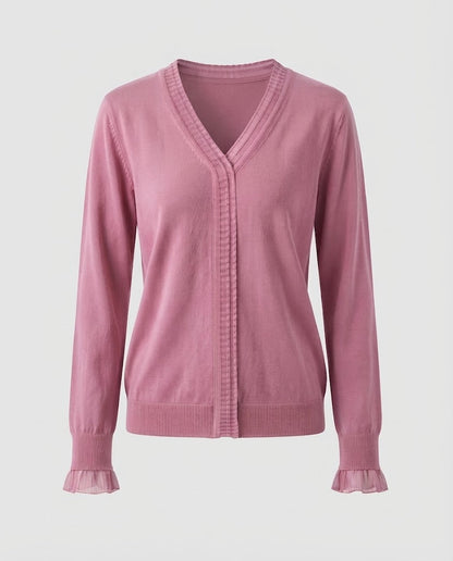 Ladies Fine V-Neck Fine Knit Sweater with Pleated Trim and Flowing Silhouette Shop Velvia