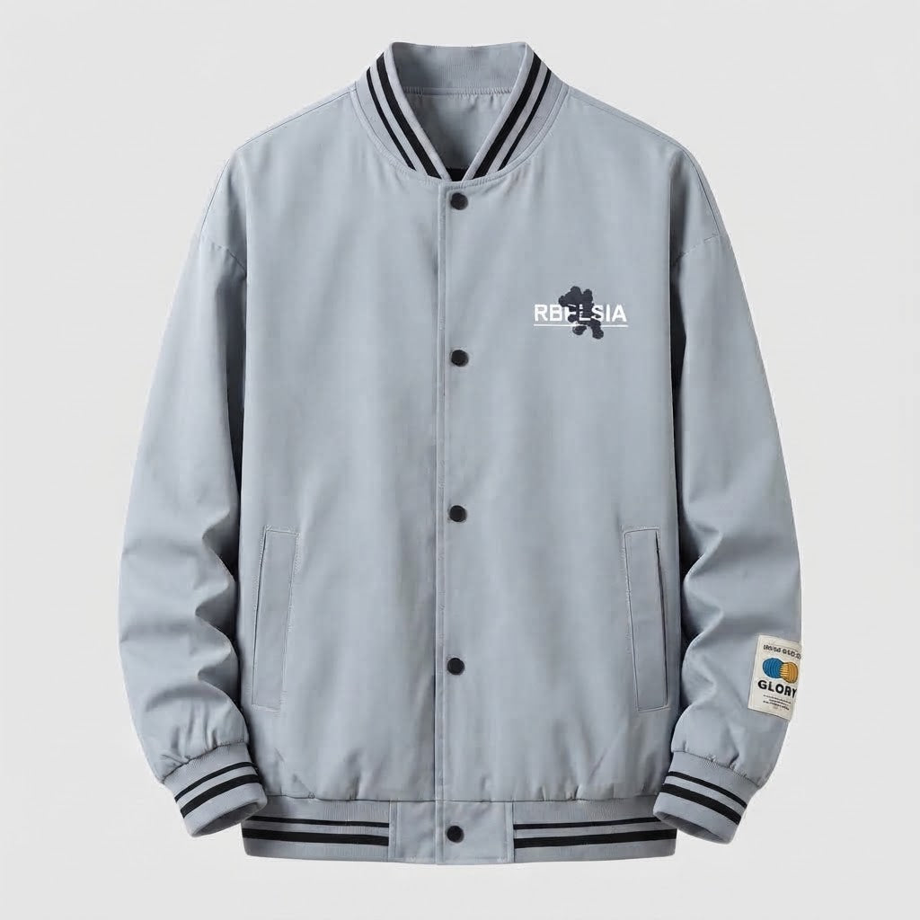 Men's Lightweight College Bomber Jacket with Striped Ribbed Cuffs and Snap Placket Shop Velvia