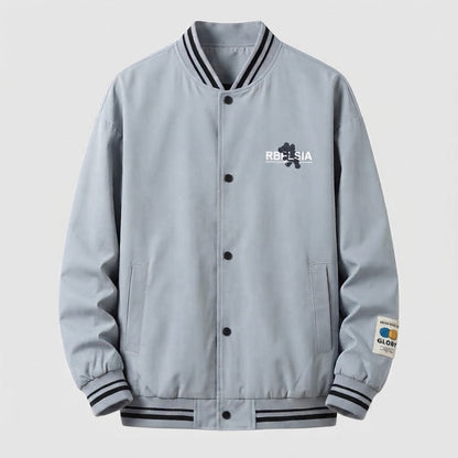 Men's Lightweight College Bomber Jacket with Striped Ribbed Cuffs and Snap Placket Shop Velvia