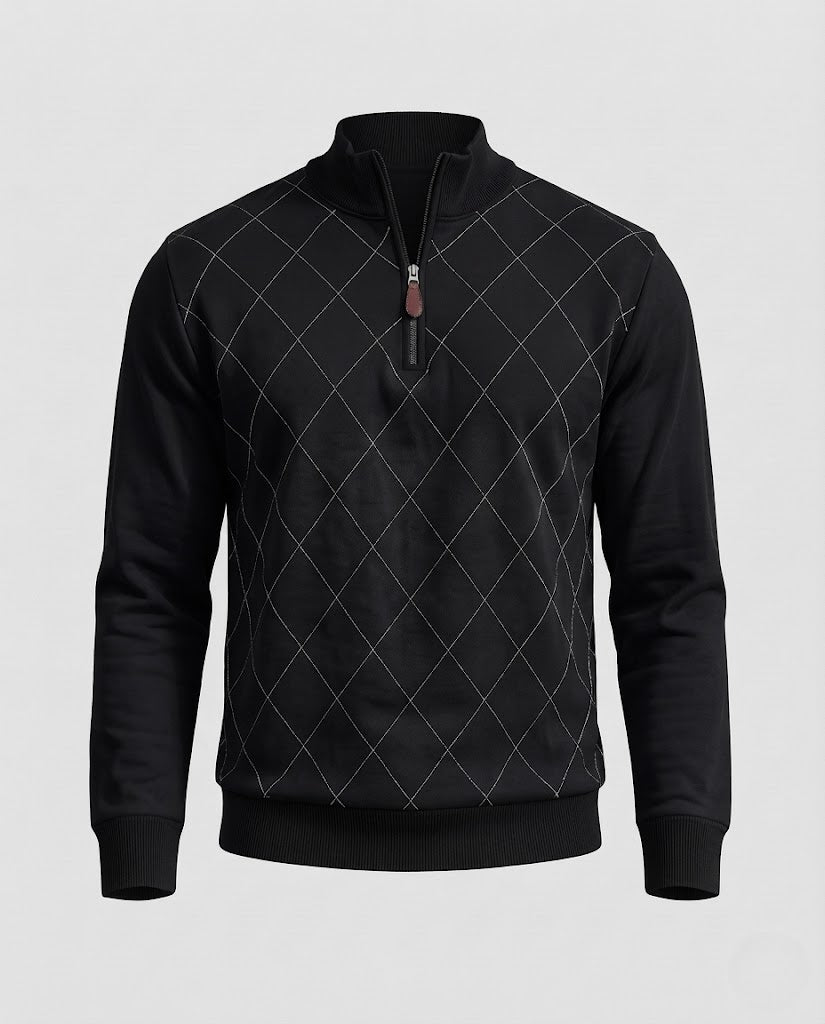 Men's Fine Half-Zip Sweater with Subtle Diamond Pattern and Ribbed Collar Shop Velvia