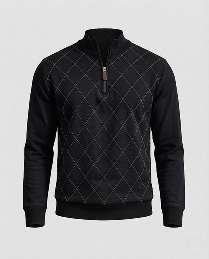 Men's Fine Half-Zip Sweater with Subtle Diamond Pattern and Ribbed Collar Shop Velvia