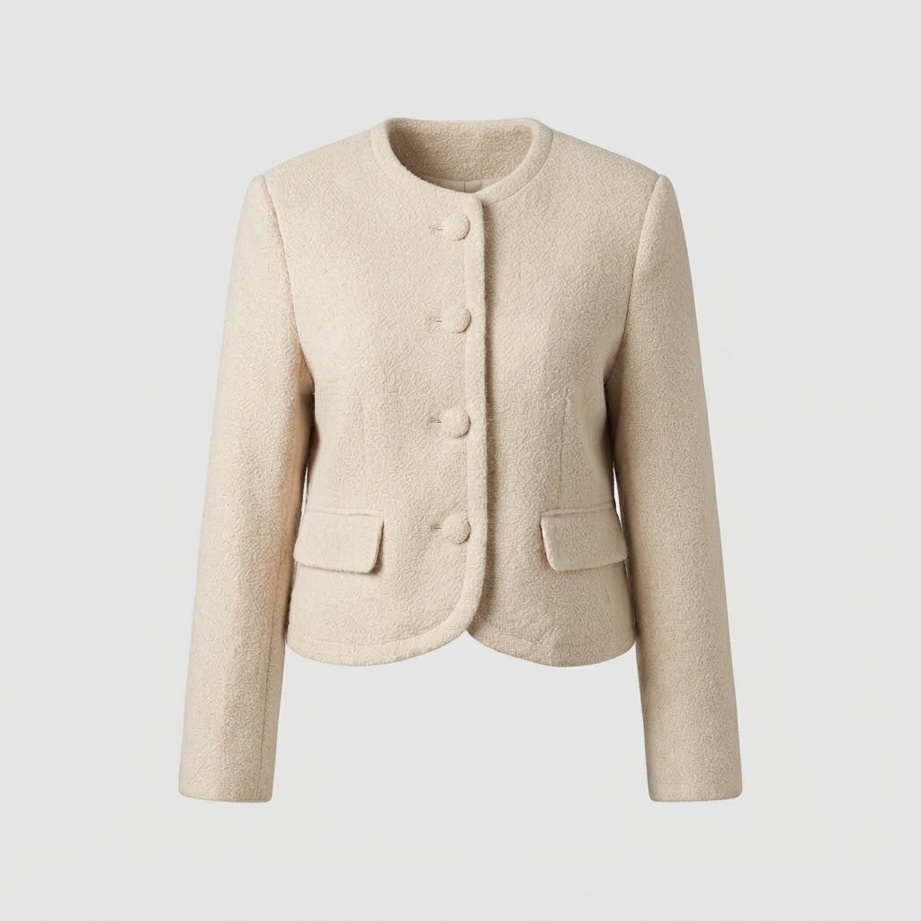 Women's short jacket in bouclé look with round neckline and decorative button placket Shop Velvia