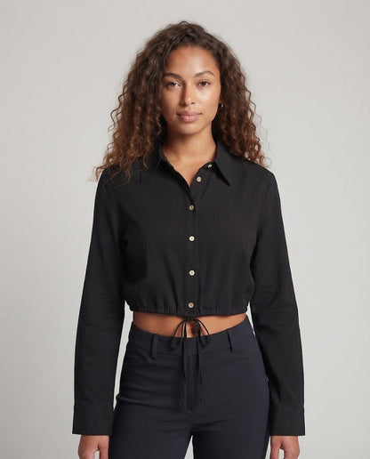 Women's Polka Dot Cropped Blouse with Shirt Collar and Drawstring Shop Velvia