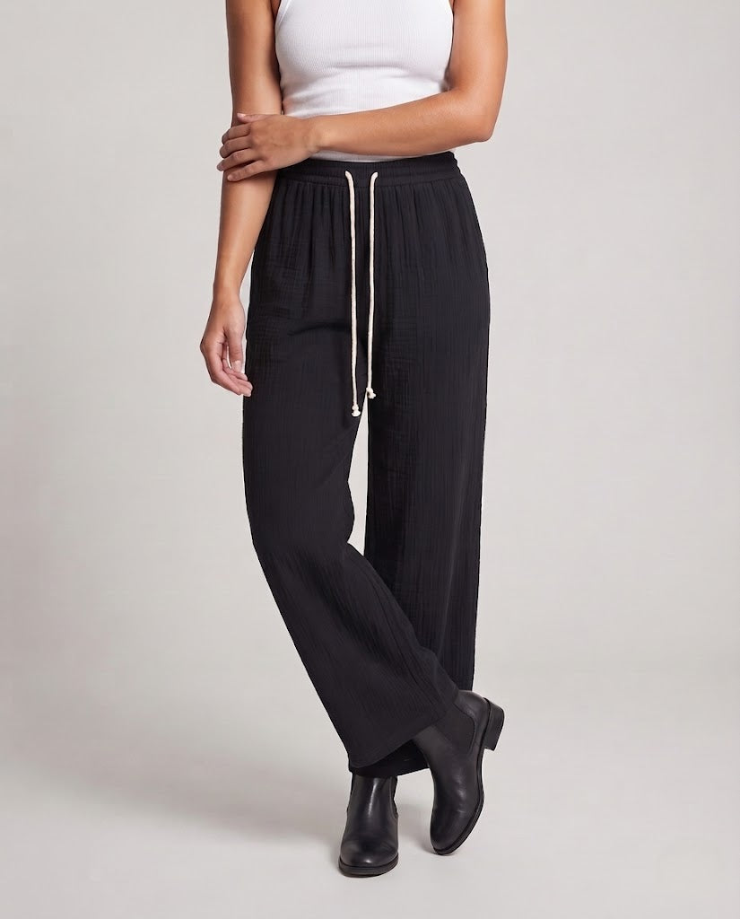 Women Wide Linen Look Lounge Pants with Elastic Waistband and Drawstring Shop Velvia