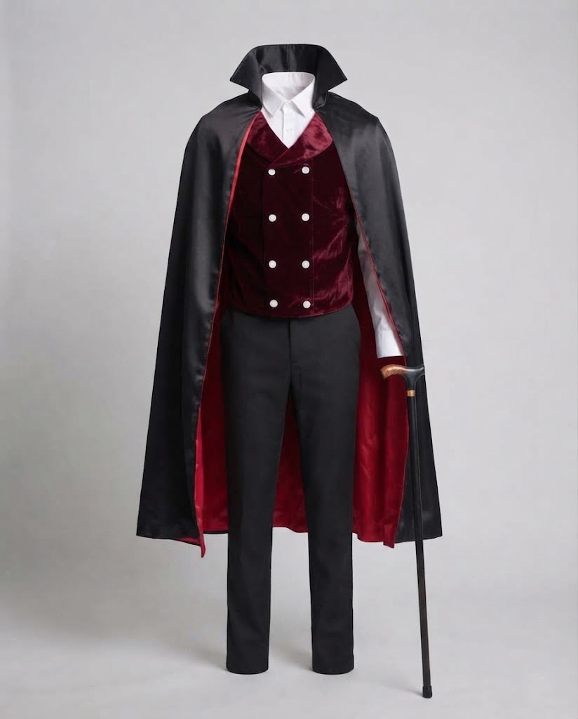 Men's Vampire Costume with Elegant Cape and Embroidered Vest Shop Velvia
