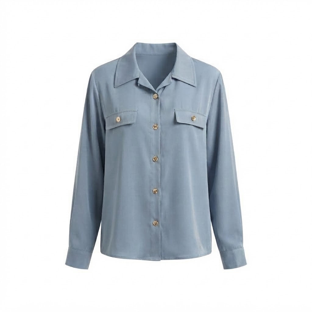 Women's Loose Silk Look Shirt Blouse with Gold Decorative Buttons and Flap Pockets Shop Velvia