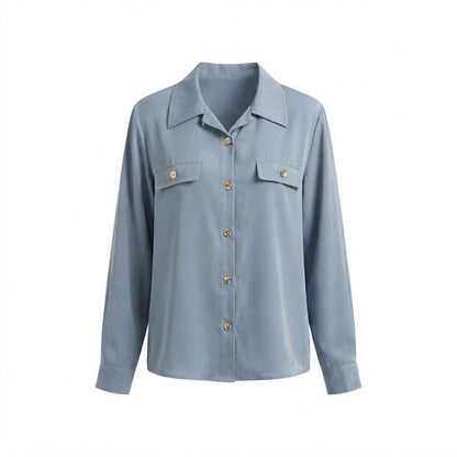 Women's Loose Silk Look Shirt Blouse with Gold Decorative Buttons and Flap Pockets Shop Velvia