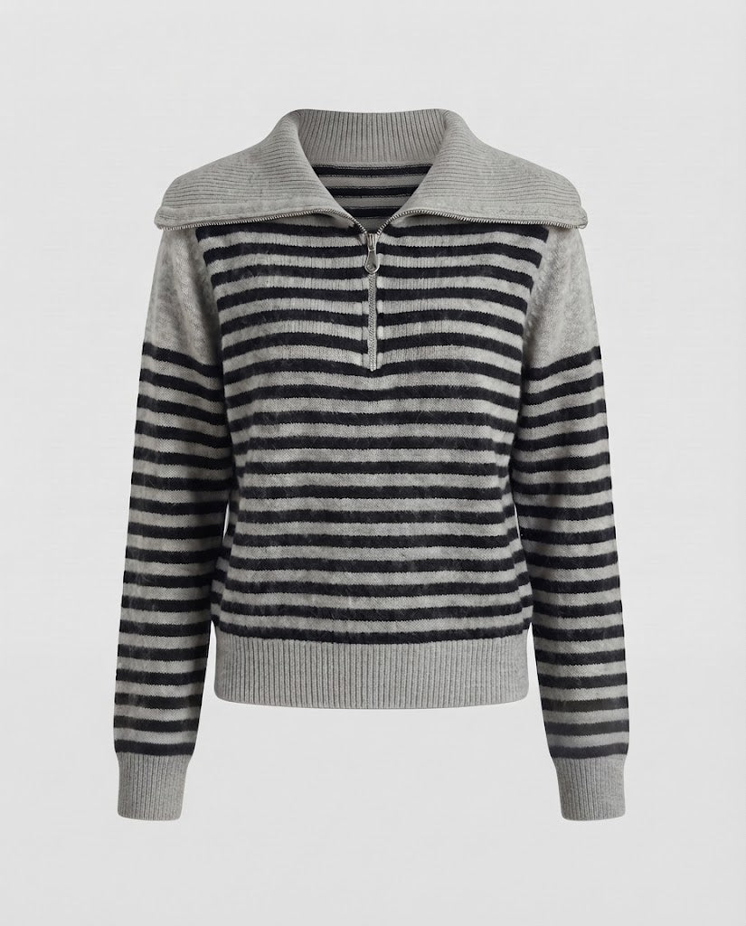 Women's Striped Short Sweater in Fluffy Mohair Look with Half Zipper and Overlapping Collar Shop Velvia