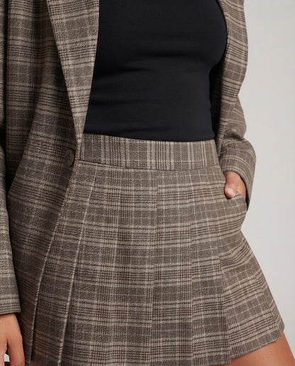 Women's Two-Piece Glencheck Blazer and Pleated Mini Skirt Set with Oversize Shoulder Shop Velvia