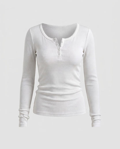 Women's Fitted Ribbed Long Sleeve Henley Shirt with Decorative Button Placket and Scalloped Edge Shop Velvia