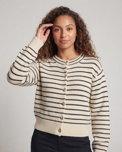 Women's Striped Button Cardigan with Round Neckline, Golden Decorative Buttons and Ribbed Cuffs Shop Velvia