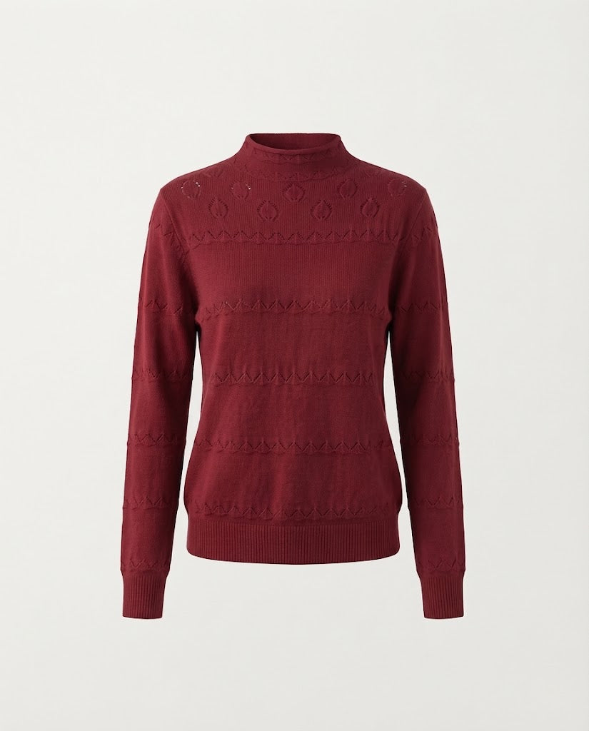 Ladies fine knit pullover with subtle lace stripe and short stand-up collar Shop Velvia