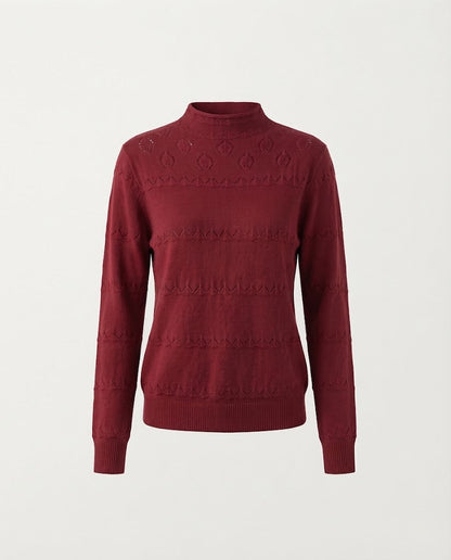 Ladies fine knit pullover with subtle lace stripe and short stand-up collar Shop Velvia