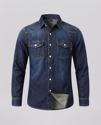 Men's sturdy denim shirt jacket with patch chest pockets Shop Velvia