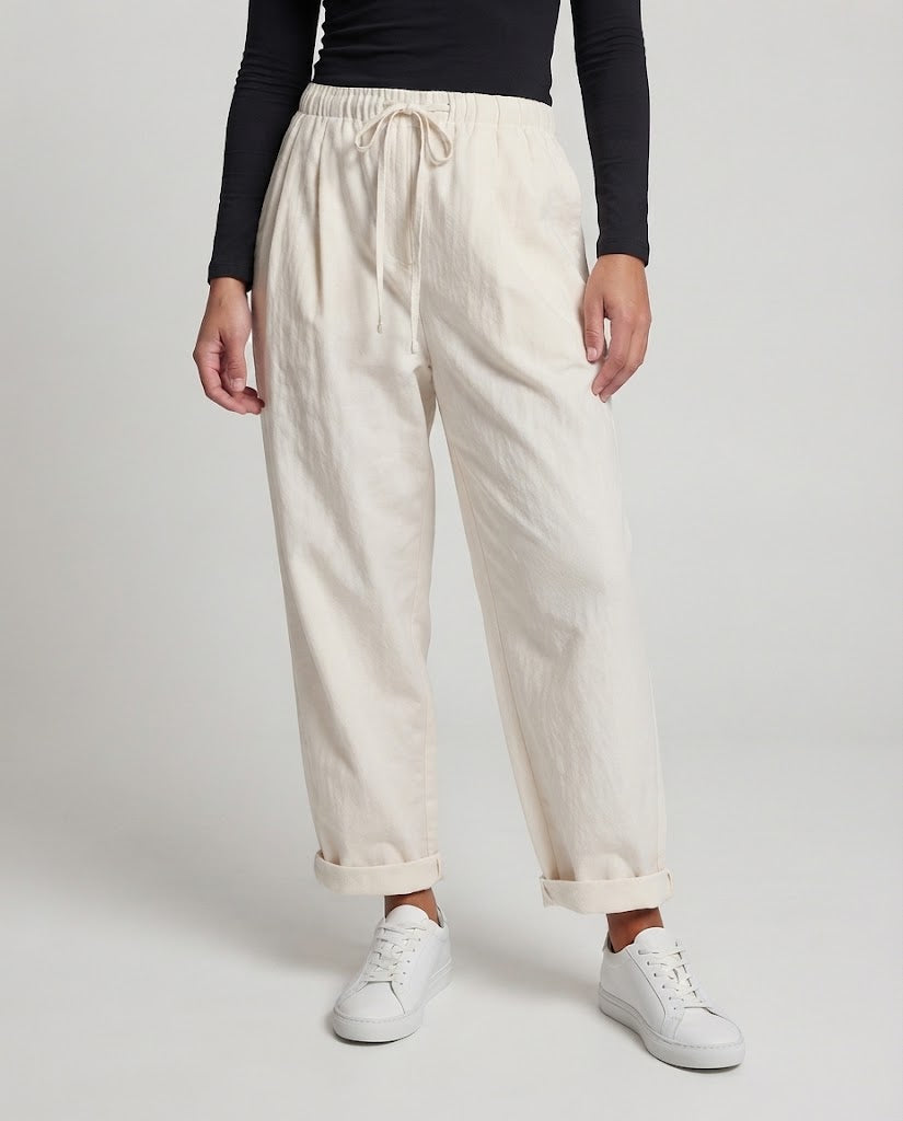 Women's High-Waisted Wide-Leg Lounge Pants with Drawstring and Rolled Hem Shop Velvia