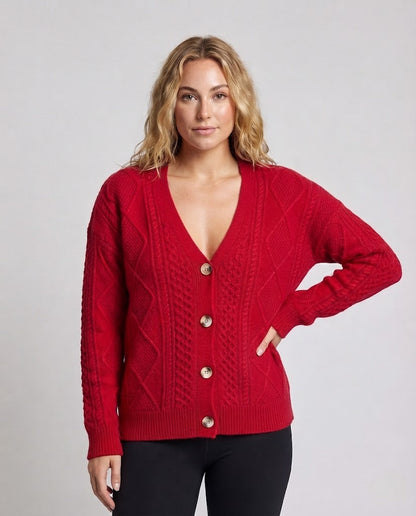 Women Fine Wool Blend Cardigan with Cable Pattern, V-Neck and Pearl Buttons Shop Velvia