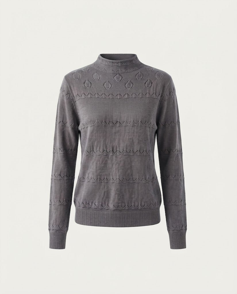 Ladies fine knit pullover with subtle lace stripe and short stand-up collar Shop Velvia