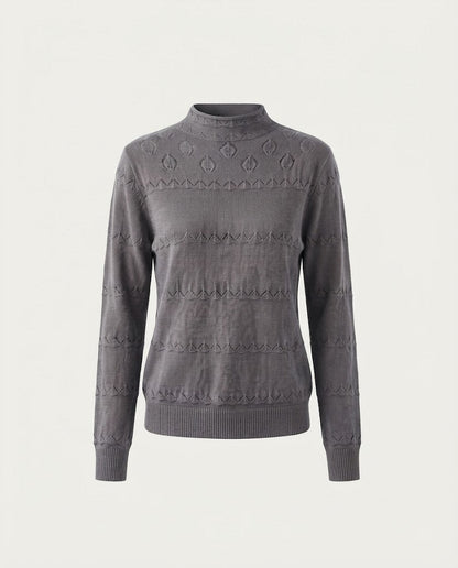 Ladies fine knit pullover with subtle lace stripe and short stand-up collar Shop Velvia