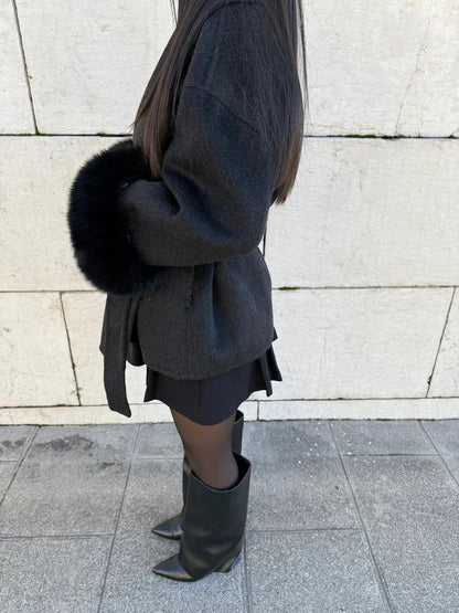 Shop Velvia | Wool coat with belt and faux fur cuffs Elegant Short Wrap Jacket