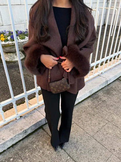 Shop Velvia | Wool coat with belt and faux fur cuffs Elegant Short Wrap Jacket