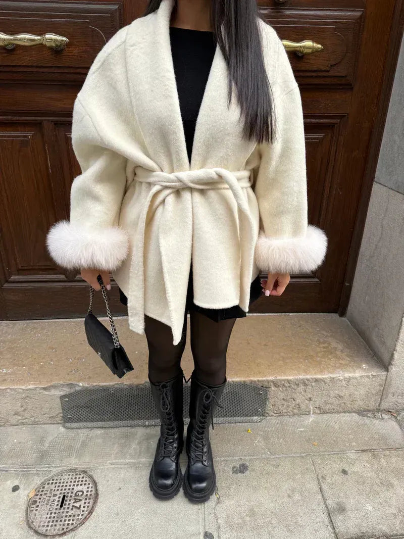 Shop Velvia | Wool coat with belt and faux fur cuffs Elegant Short Wrap Jacket