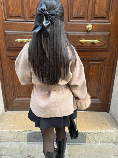 Shop Velvia | Wool coat with belt and faux fur cuffs Elegant Short Wrap Jacket