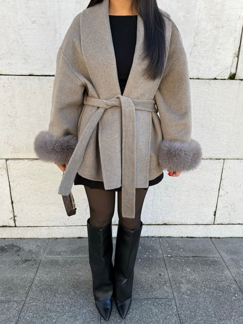 Shop Velvia | Wool coat with belt and faux fur cuffs Elegant Short Wrap Jacket
