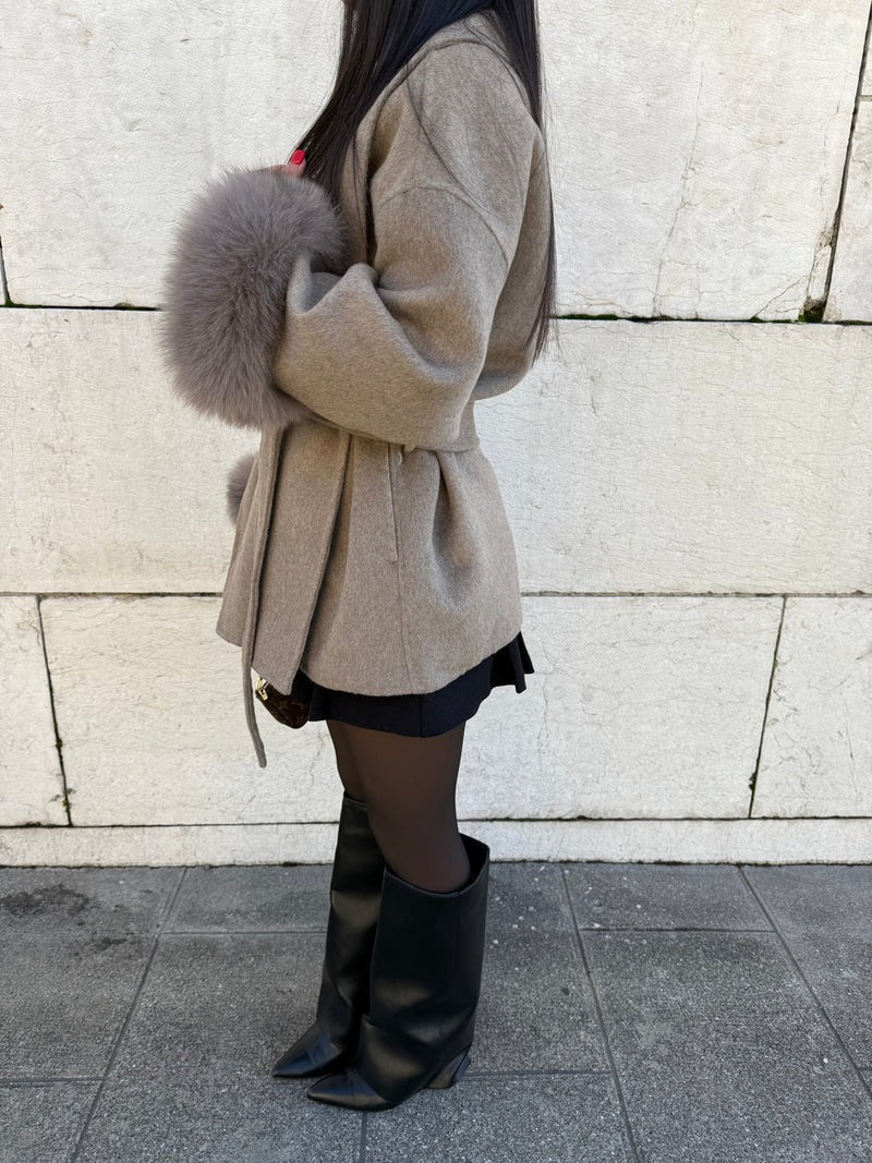Shop Velvia | Wool coat with belt and faux fur cuffs Elegant Short Wrap Jacket