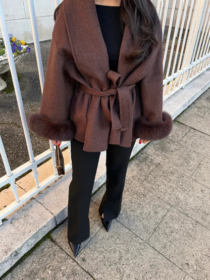 Shop Velvia | Wool coat with belt and faux fur cuffs Elegant Short Wrap Jacket