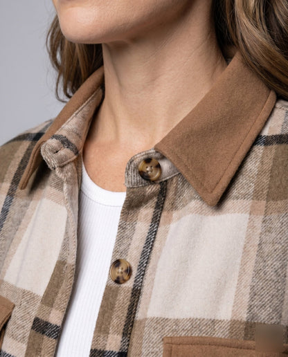 Ladies Checked Flannel Shirt Jacket with Patch Pockets - Chichicherry