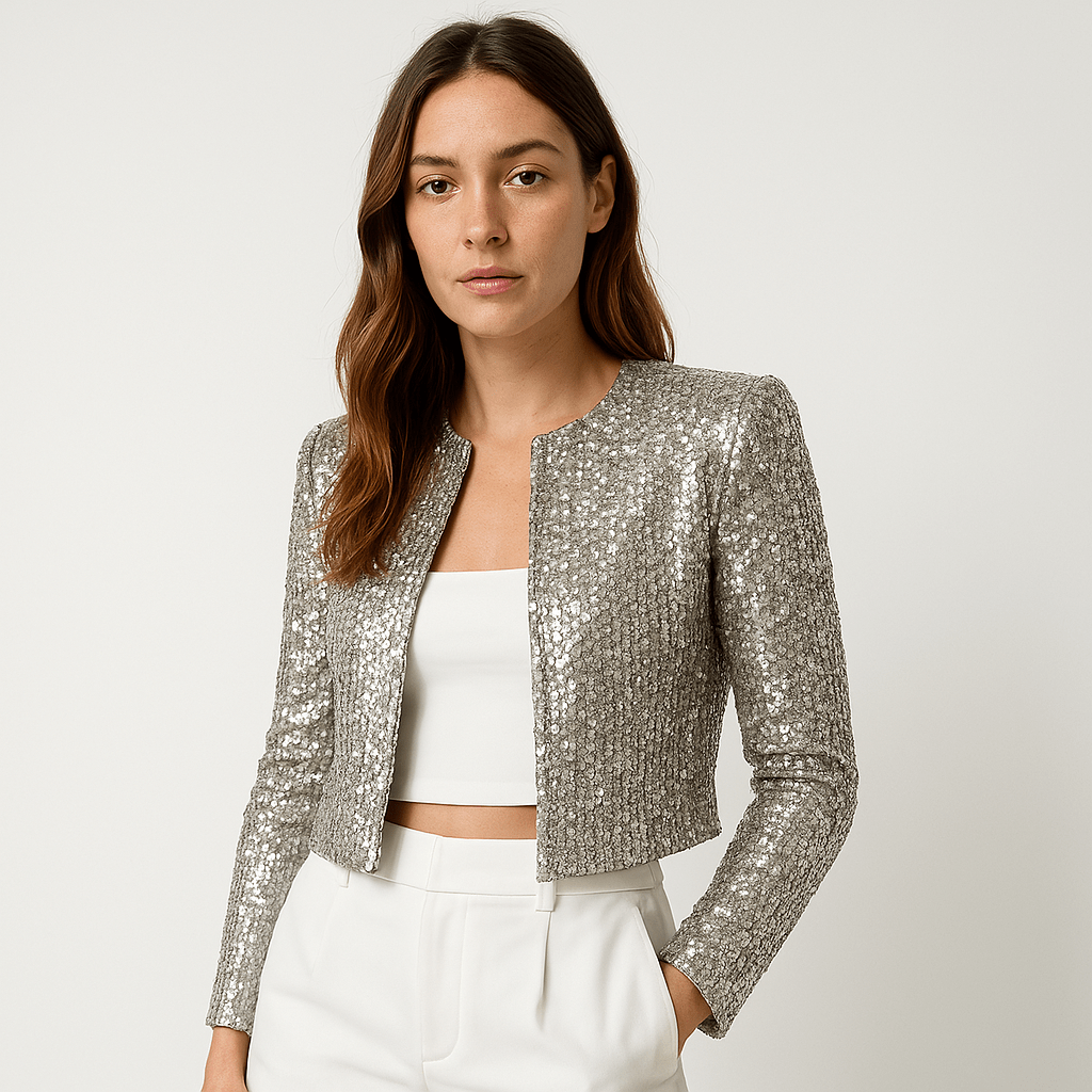 Shop Velvia | Short Jacket with Silver Sequins Simple Glamour Evening Wear