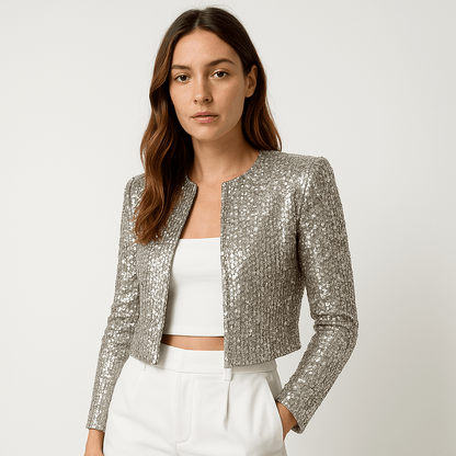 Shop Velvia | Short Jacket with Silver Sequins Simple Glamour Evening Wear
