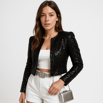 Shop Velvia | Short Jacket with Silver Sequins Simple Glamour Evening Wear