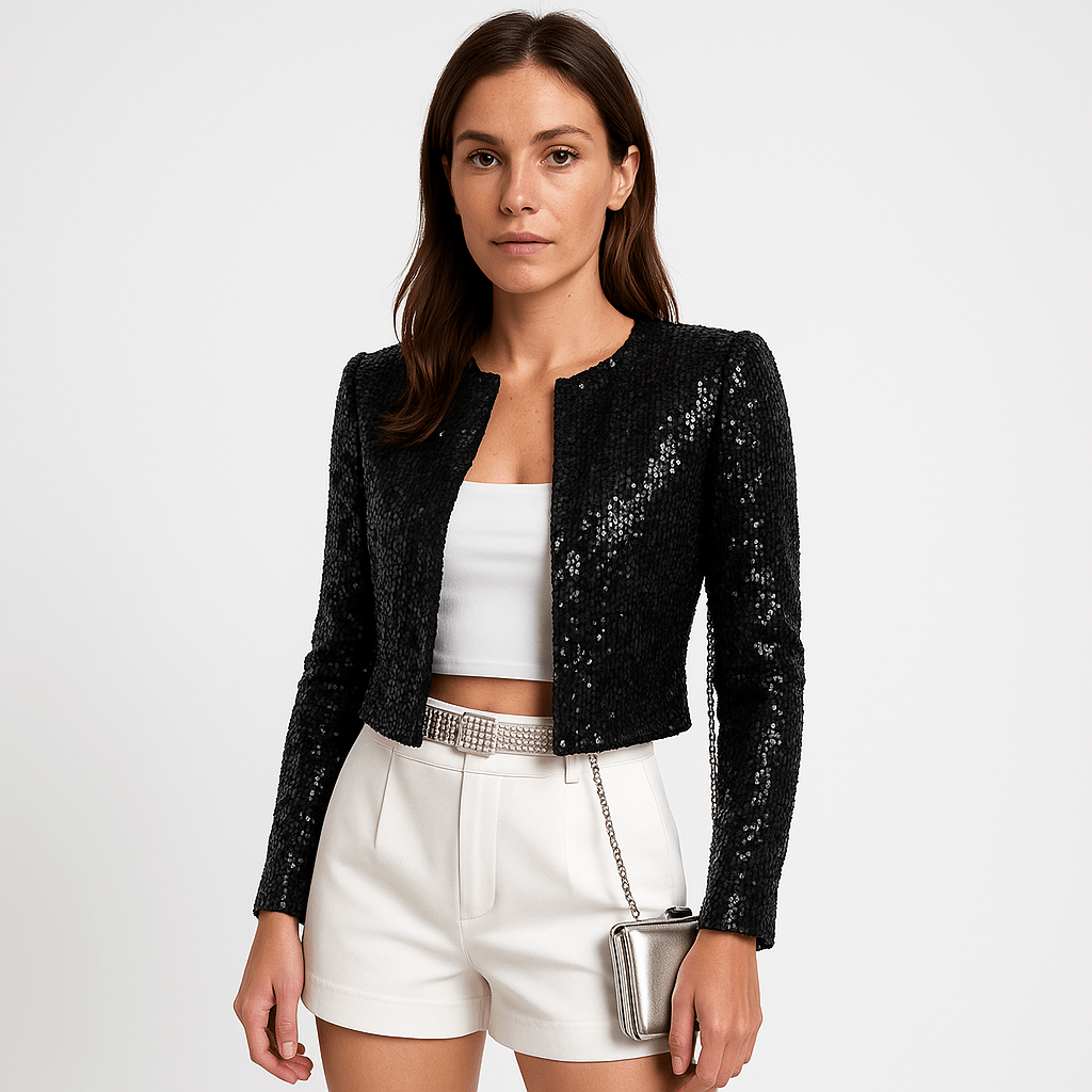 Shop Velvia | Short Jacket with Silver Sequins Simple Glamour Evening Wear