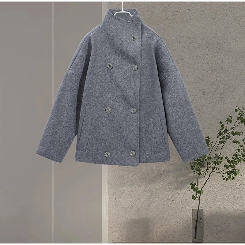 Shop Velvia | Wool Blend Jacket with High Collar and Buttons