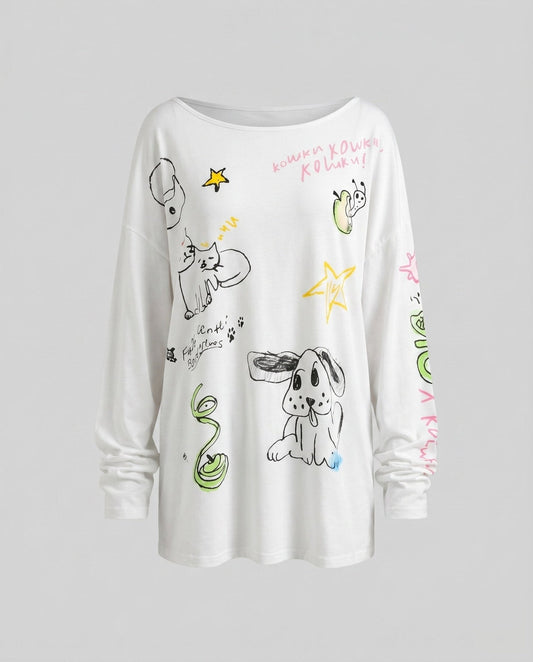 Women comfortable T-shirt with creative print and wide sleeves - Chichicherry