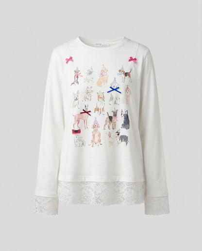 Women long sleeve shirt with playful animal motif and lace border - Chichicherry
