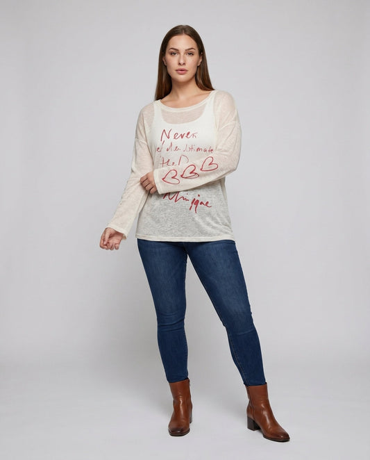 Women's casual oversized long sleeve shirt with open shoulder and creative lettering - Chichicherry