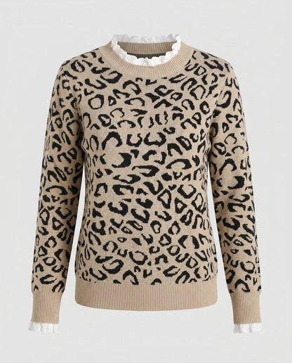 Women's fashionable knitted sweater with leopard pattern and ruffle accents - Chichicherry