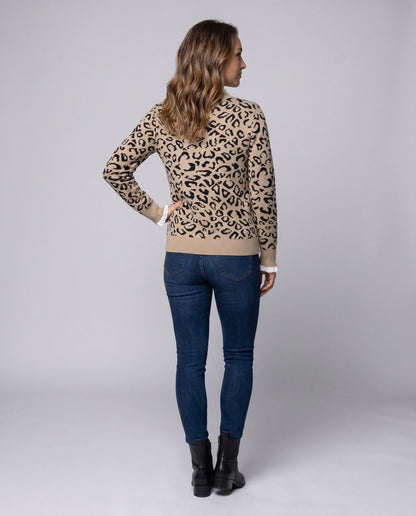 Women's fashionable knitted sweater with leopard pattern and ruffle accents - Chichicherry