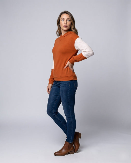 Women's hoodie with fashionable color block design and elegant V-neck - Chichicherry