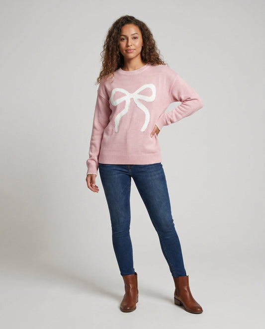 Women's knit sweater with decorative bow motif and casual fit - Chichicherry