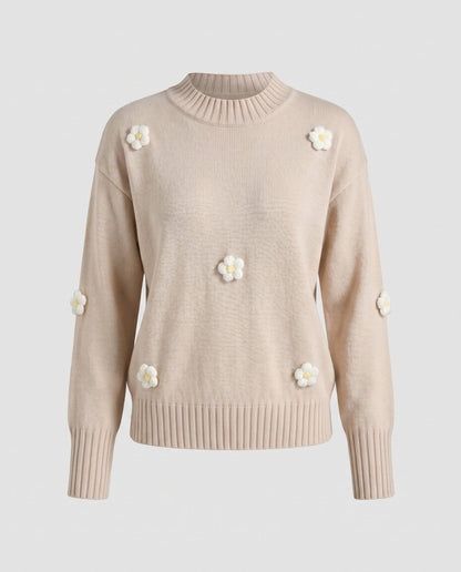 Women's knit sweater with floral appliqués and casual cut - Chichicherry