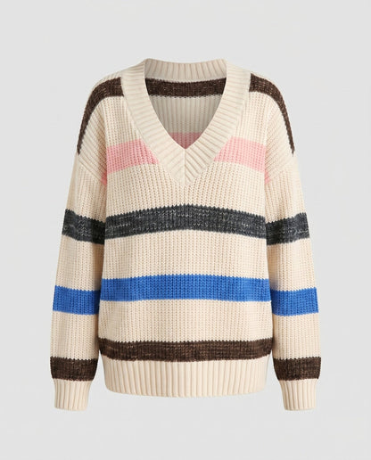 Women's knit sweater with V-neck and casual stripe pattern - Chichicherry