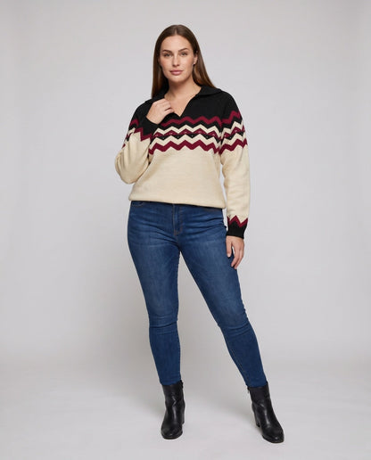 Women's knitted pullover with geometric pattern and modern collar - Chichicherry