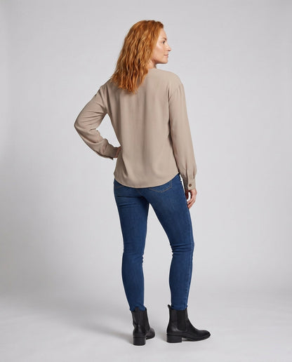 Women's long sleeve blouse with asymmetric collar and decorative buttons - Chichicherry